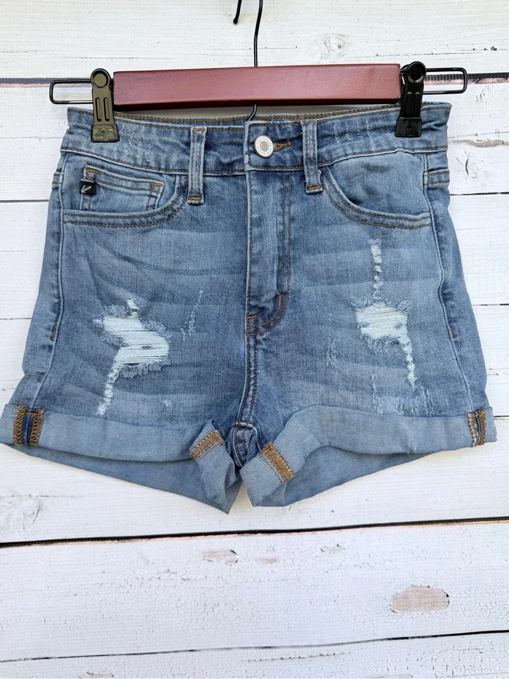 KanCan High Rise Distressed Cuffed Denim Shorts Medium Wash 24